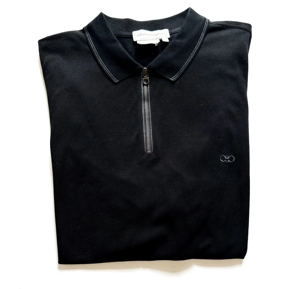 Salvatore Ferragamo Black Cotton Pique Logo Polo Shirt with Logo 3/4 Zipper XXL - Picture 5 of 13